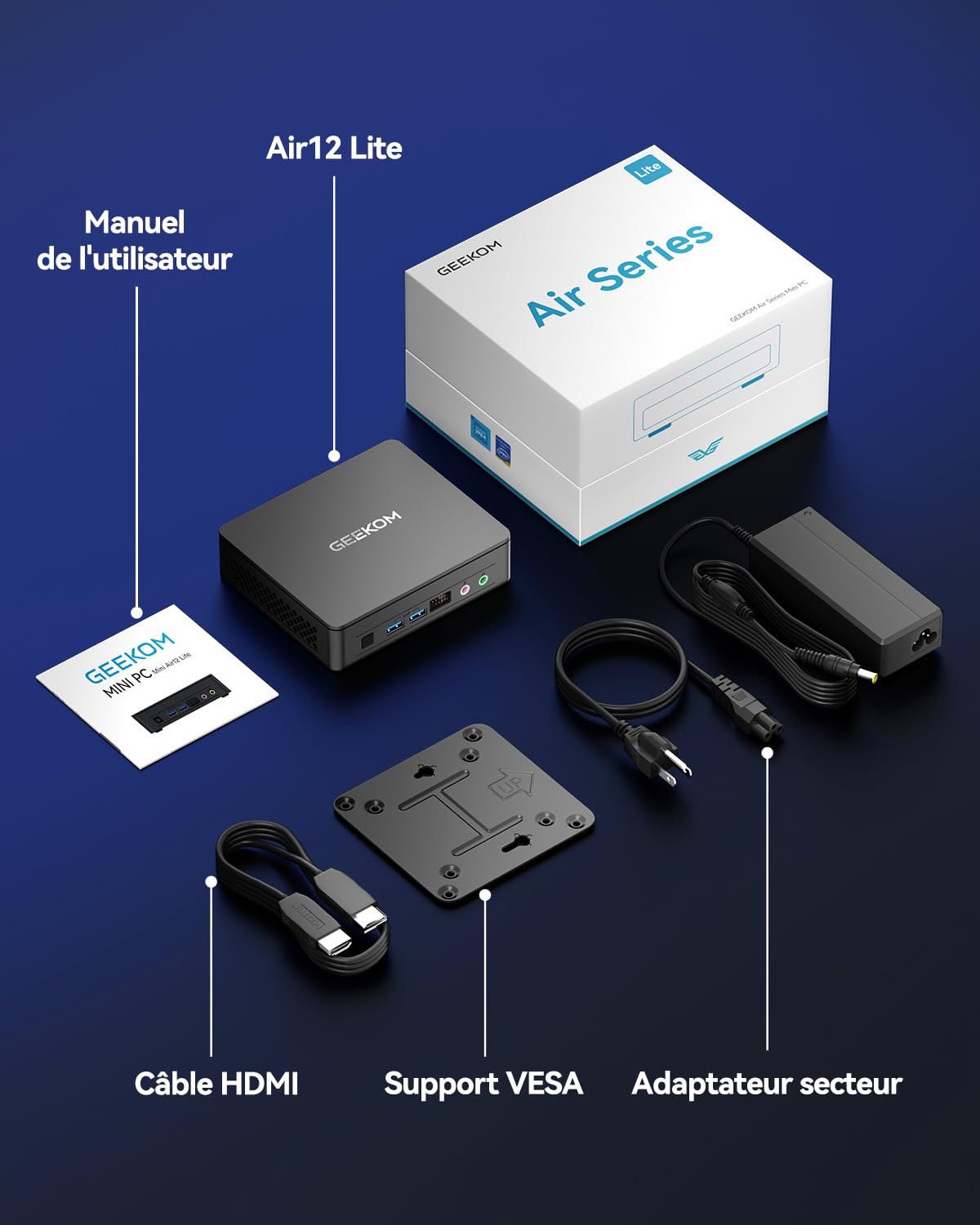 GEEKOM Air12 Lite Business Mini PC Intel N95, UHD Graphics,8 Go RAM DDR4 | SSD 256 Go, 6 ports USB, ports 9 broches, Achat en petite quantité Mini Ordinateur, idéal pour le bureau et le télétravail
