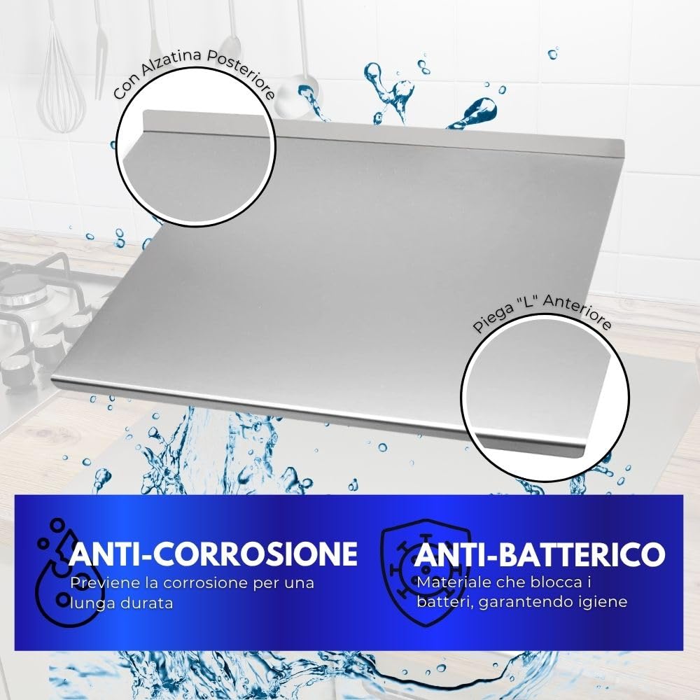 INOXLM Spianatoia per impastare Piano da Lavoro in Acciaio Inox Varie Misure per Cucina per Bar per Ristorante per impastare con Piega ed Alzatina (120X56 Piega 2 cm Alzatina 4 cm)