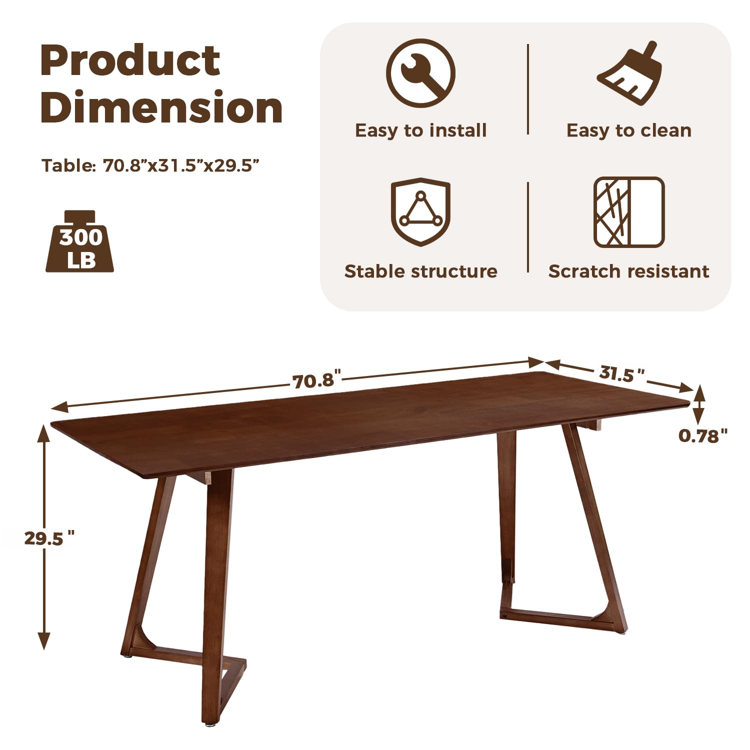 Condition photo showing Good Condition for delavin 70.8 inch large solid wood dinner table for 6-8 people, modern oak kitchen table with natural wood grain, luxury rectangular dining table for family, office, party, easy assembly, walnut