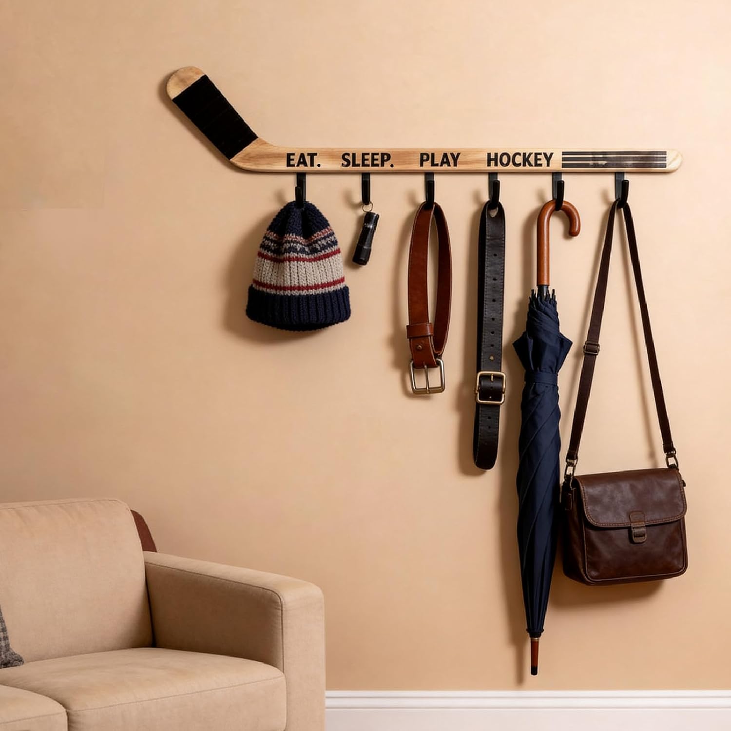 Wooden Hockey Room Decor Stick Wall Mounted Coat Rack 6 Hooks