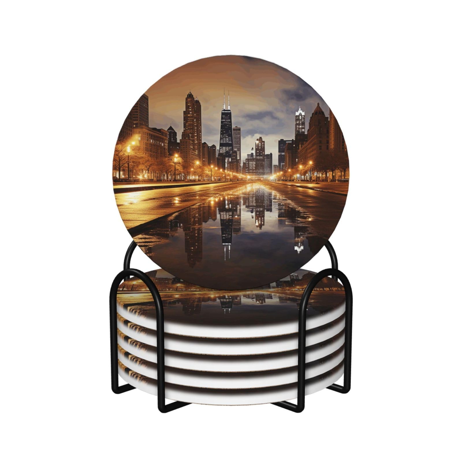 6Pcs Ceramics Coaster for Drinks, Chicago Cup Coasters with Holder, Aesthetic Drink Coasters for Coffee Table, Absorbent Round Coaster for Tabletop Protection 4" Cup Mat Pad