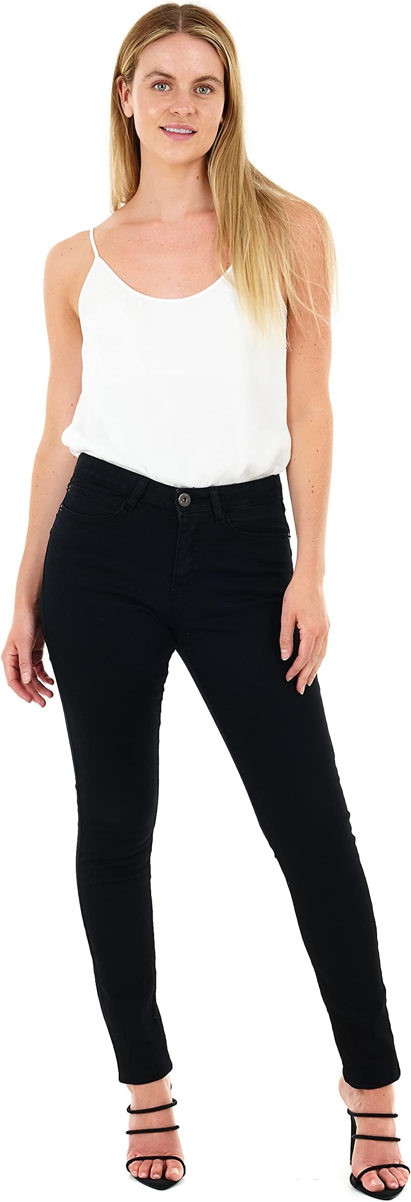M17Women's Ladies High Waisted Denim Jeans Skinny Fit Casual Cotton Trousers Pants with Pockets (16, Black)