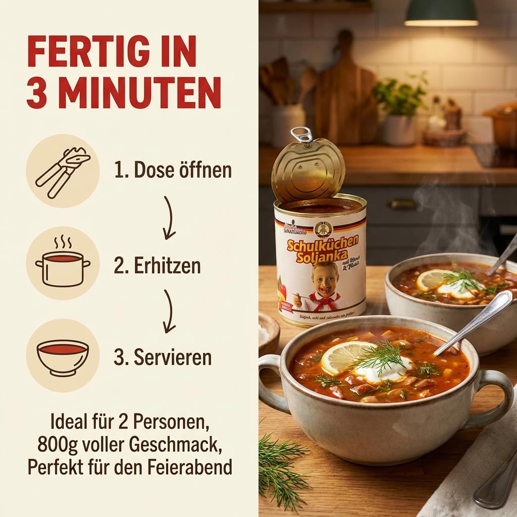 Schulküche Soljanka mit Fleisch & Wurst – 12x 800g Vorratspack | Herzhaft-säuerliche Suppe nach Original-DDR-Rezept – im Kessel gekocht, ohne Geschmacksverstärker