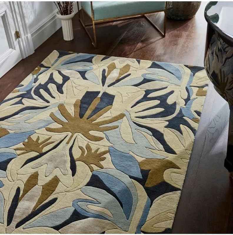 10x14 Ft Hand Tufted Wool Area Rug, Modern Floral Blue Beige & Olive Design, Premium Handmade Carpet for Living Room, Bedroom & Home Décor