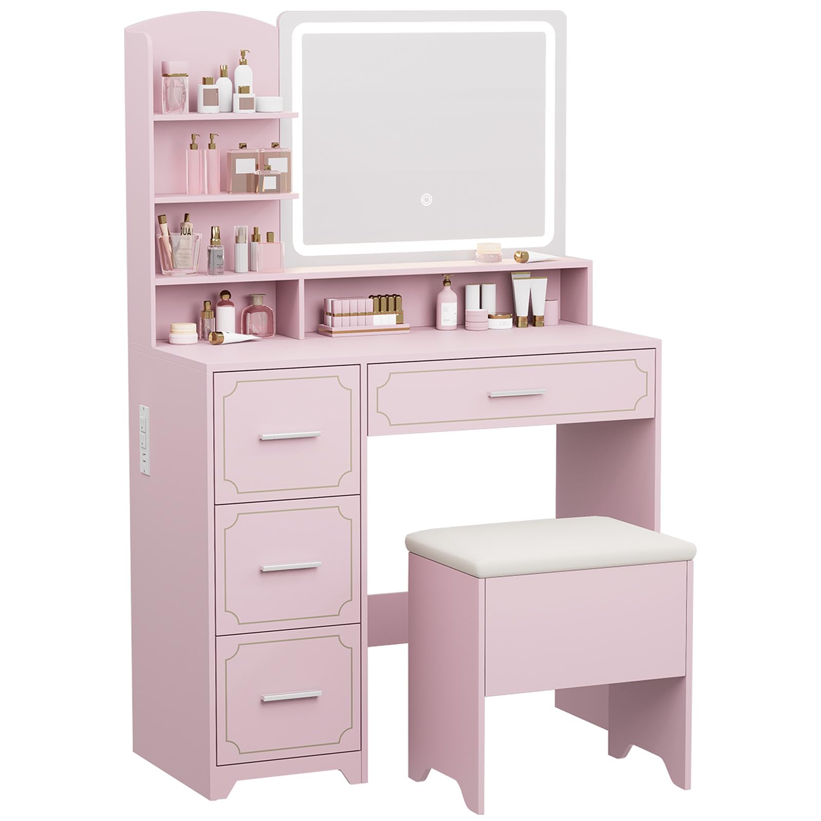 Vanity Table with LED Mirror & Power Outlet - 5 Open Shelves, 4 Drawers - Includes Padded Stool - Ideal Bedroom Makeup Dressing Table ?Pink?