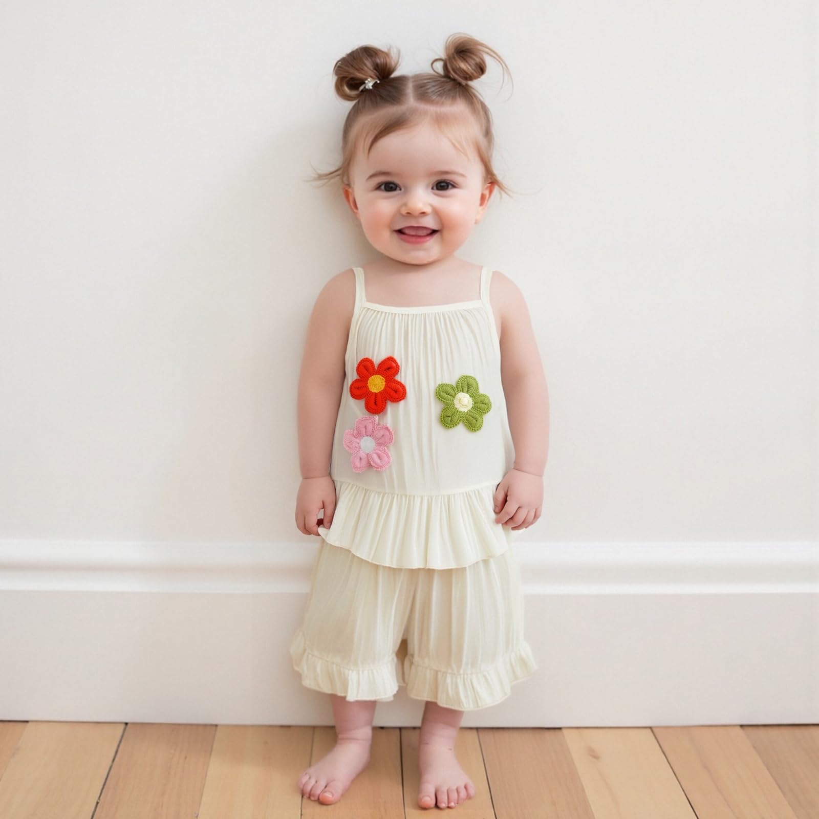 Finegoodwei Toddler Girls Summer Outfits 3D Flower Camisole Tops and Solid Color Ruffled Shorts 2 Pcs Set Fashion Clothes (Beige, 12-18 Months)