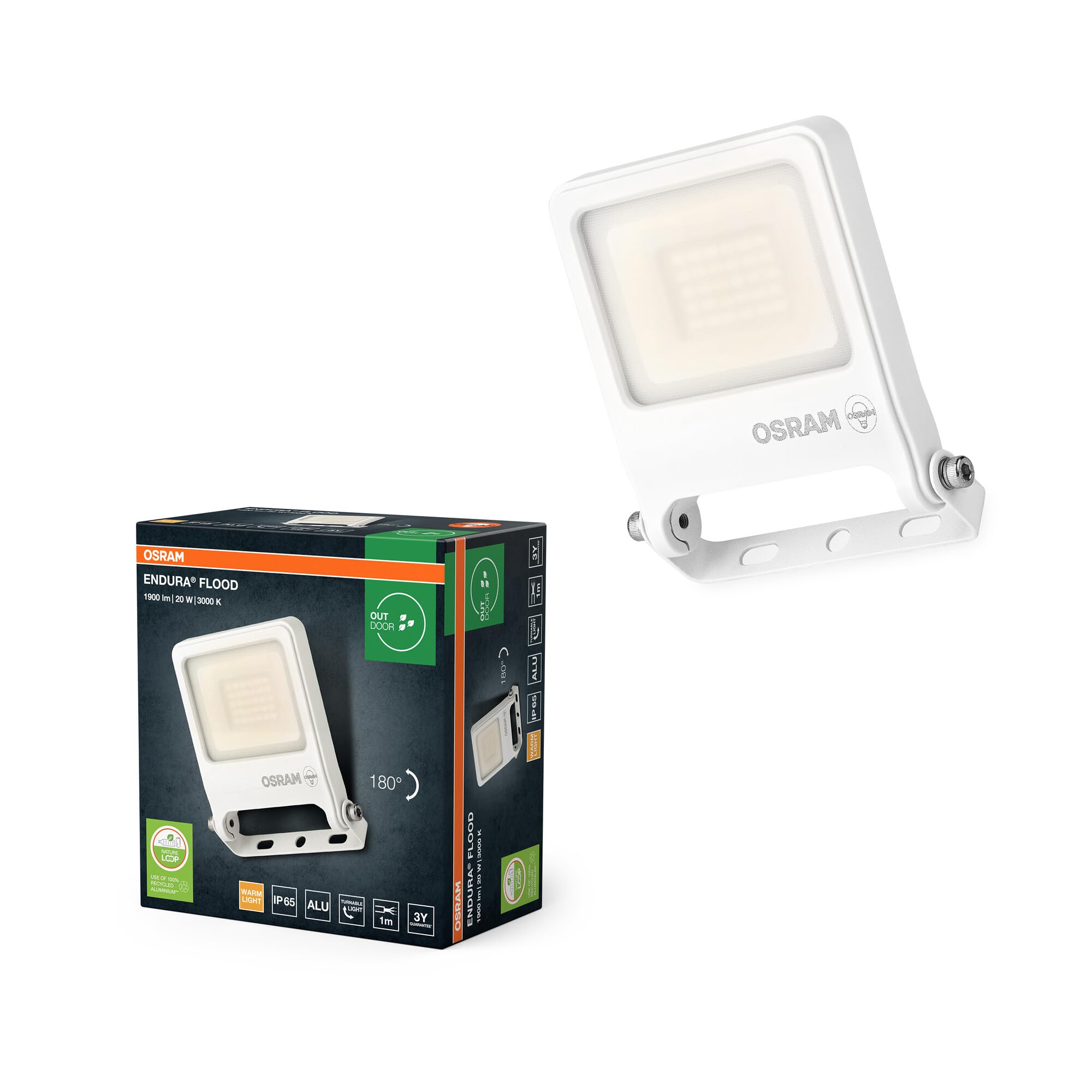 OSRAM Proiettore LED ENDURA FLOOD PC 20W, bianco caldo 3000K, 1800 lumen, IP65, in alluminio riciclato, staffa girevole a 180°, bianco