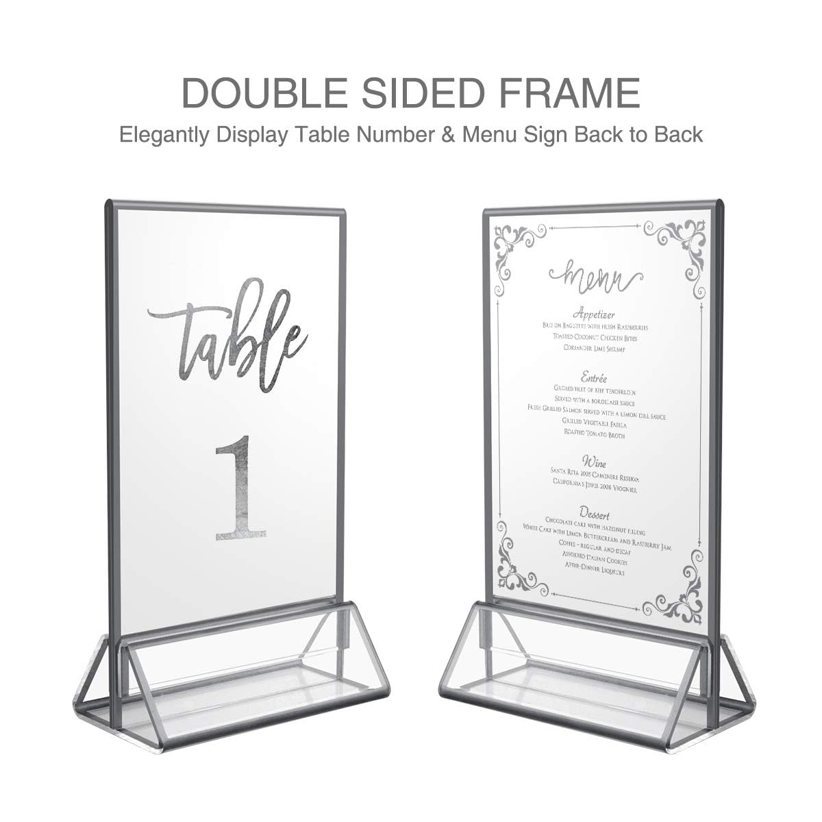 NIUBEE Acrylic Sign Holder 8.5x11 with Silver Borders and Vertical Stand, Clear Double Sided Table Menu Picture Frames Table Number Holders for Office Restaurant, Front Desk, Vendor, Wedding (6 Pack)