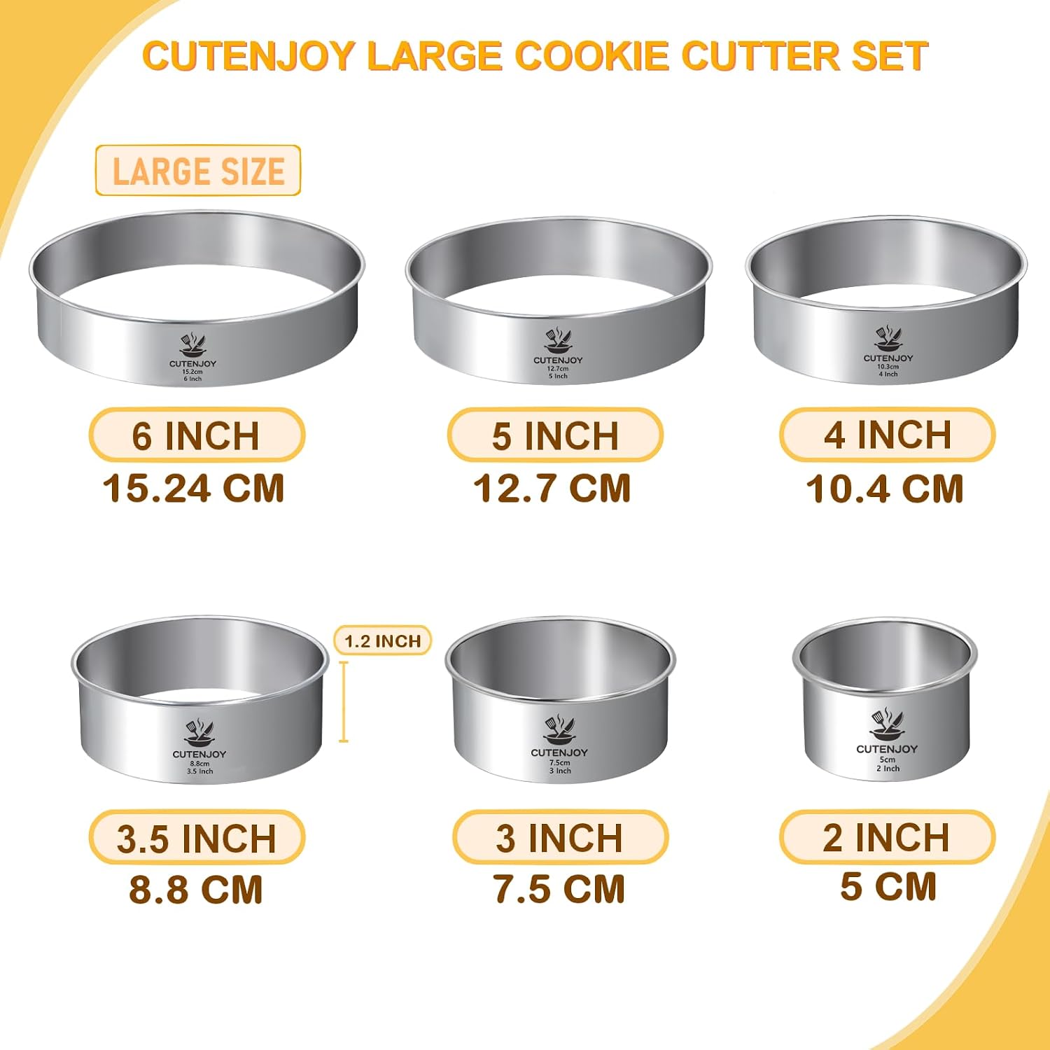 6-Piece Round Cookie Cutters (2, 3, 3.5, 4, 5, 6 Inch) Biscuit Cutter Set