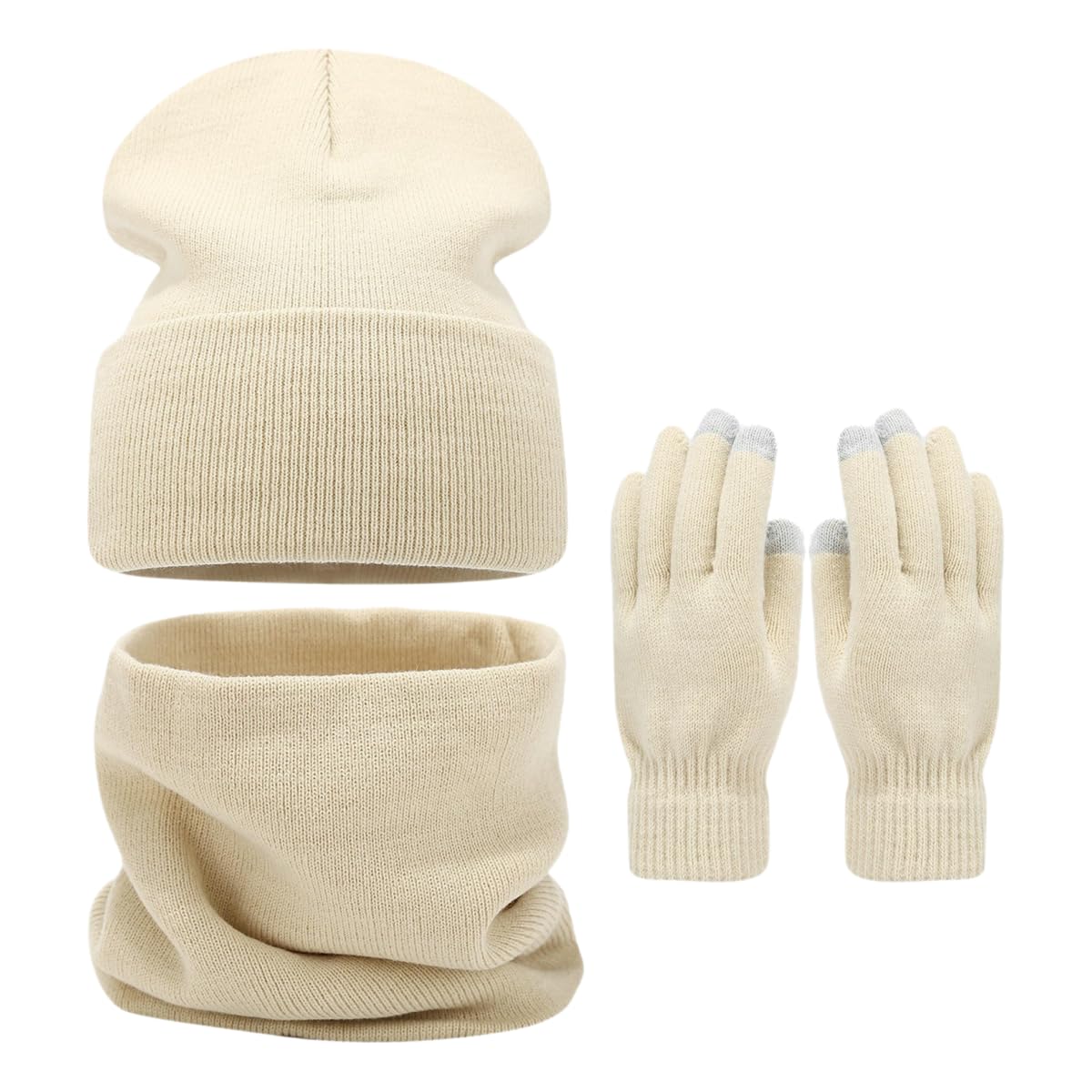 Gorro bufanda guantes set blanquecino de color sólido cálido con circunferencia grande