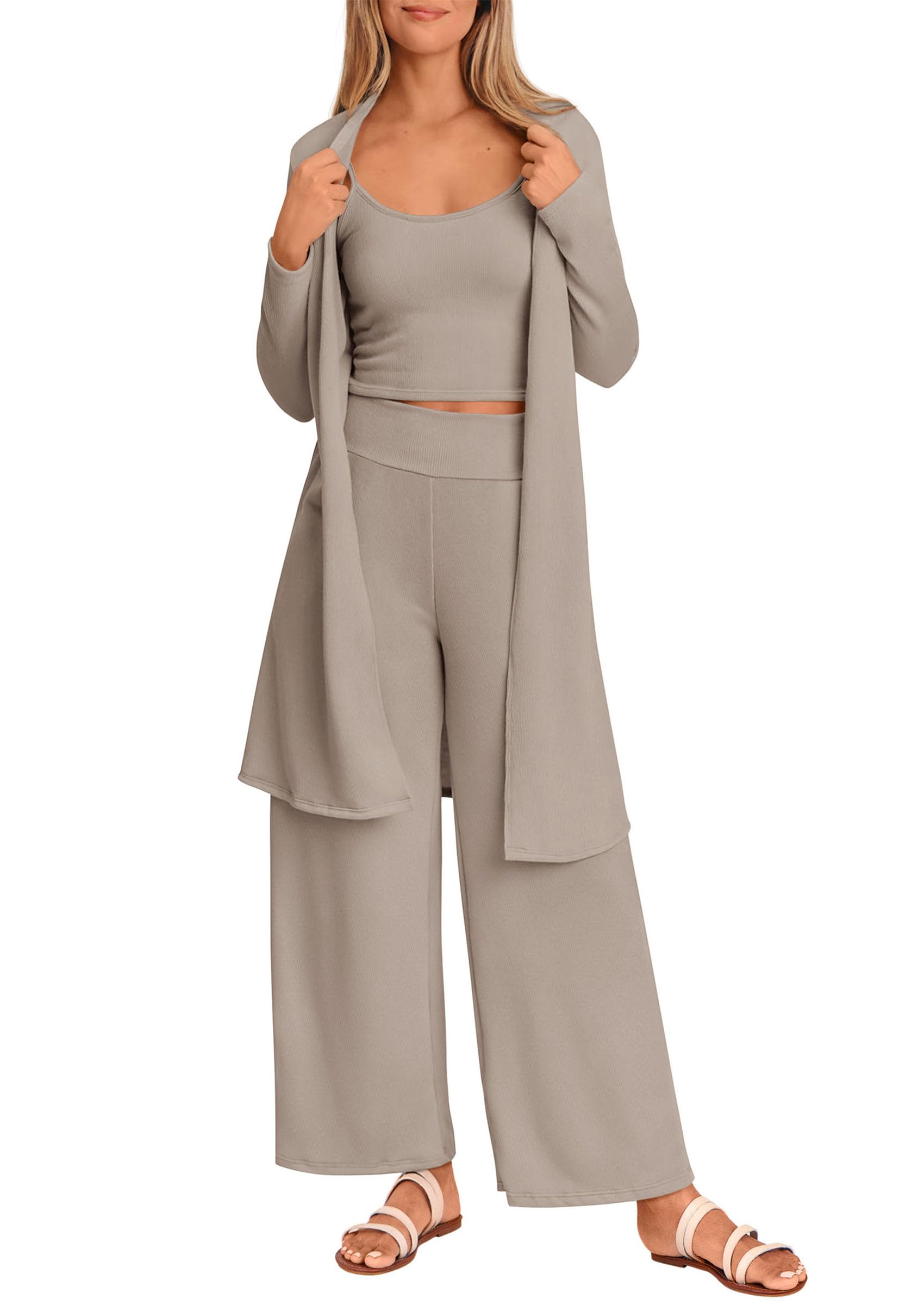 PRETTYGARDENWomen's Spring 3 Piece Pajamas Lounge Sets Fall Ribbed Knit Long Cardigan Cropped Tank Tops Wide Leg Pants