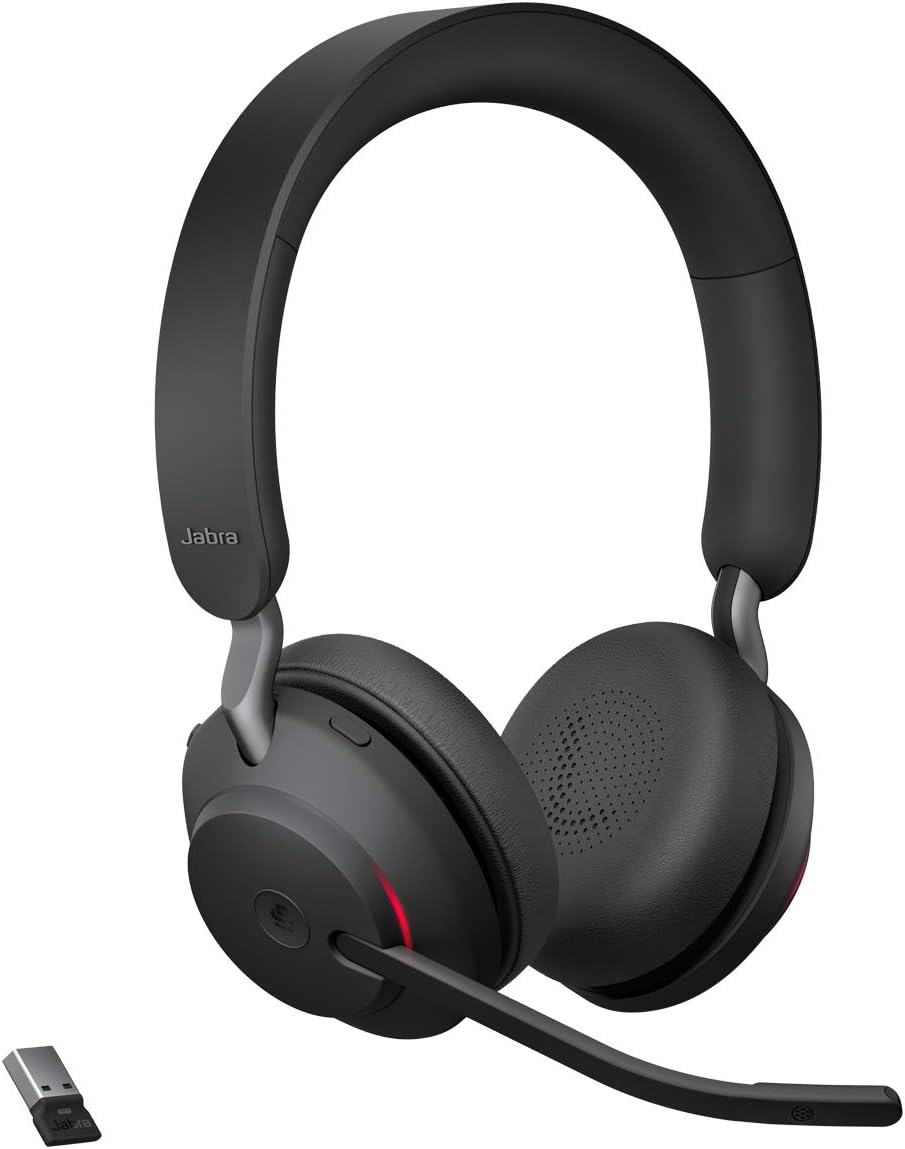 Evolve2 65 Bluetooth Wireless Headset with Mic for Calls and Music, Dual-Ear Headphones with USB-A Adapter, Up to 37 Hours Battery, Noise-Cancelling, Works with Microsoft Teams, Black (189)