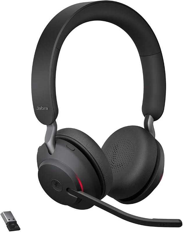 Evolve2 65 MS Wireless Headphones with Link380a, Stereo, Black – Wireless Bluetooth Headset for Calls and Music, 37 Hours of Battery Life, Passive Noise Cancelling Headphones