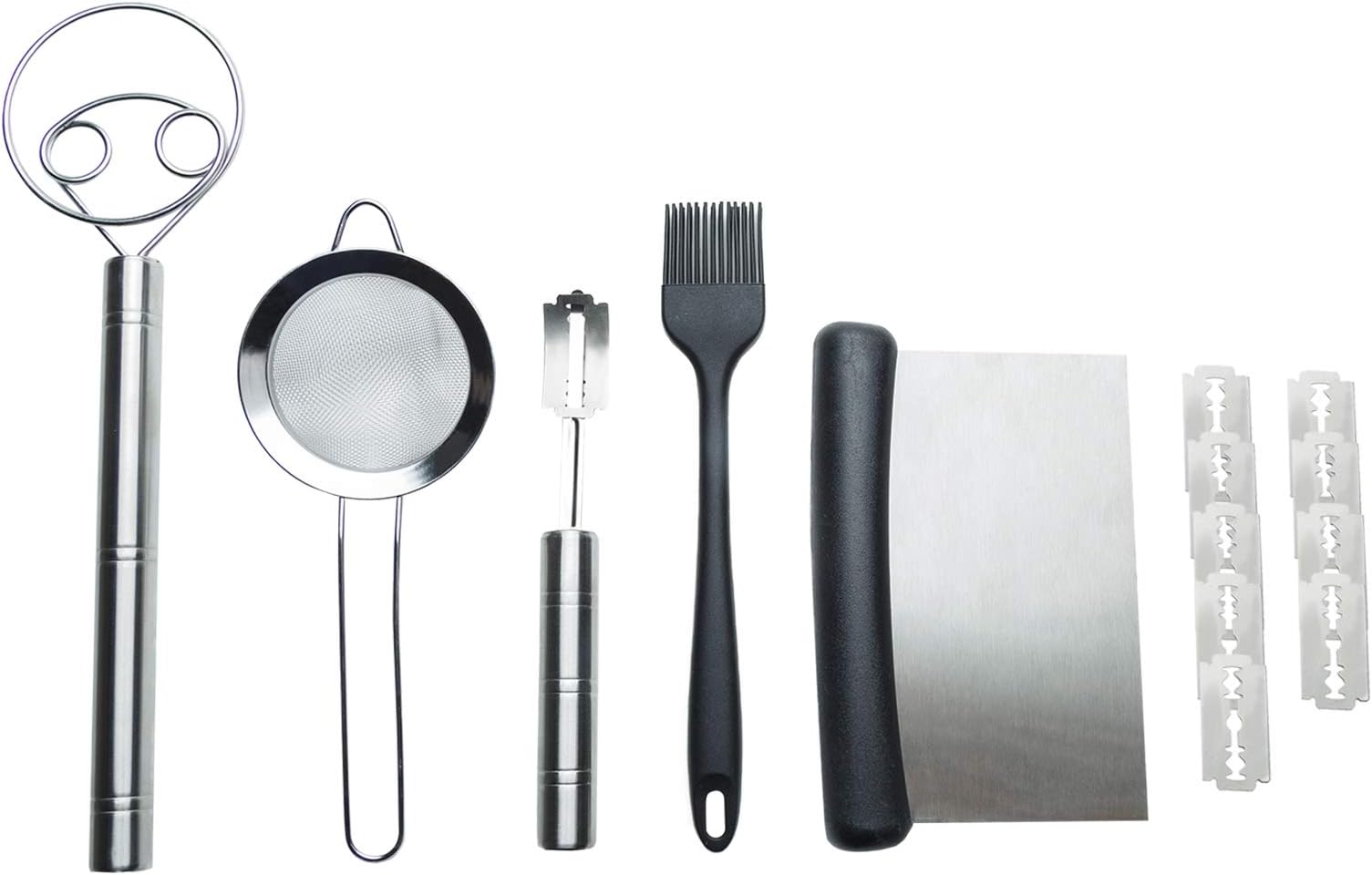 HELEMIY Bread Making Tools Kit of Stainless Steel Danish Dough Whisk Bread Lame Replacement Blade Scraper Mesh Strainer Silicone Brush for Baking Cake Dessert Sourdough Pizza Pastry