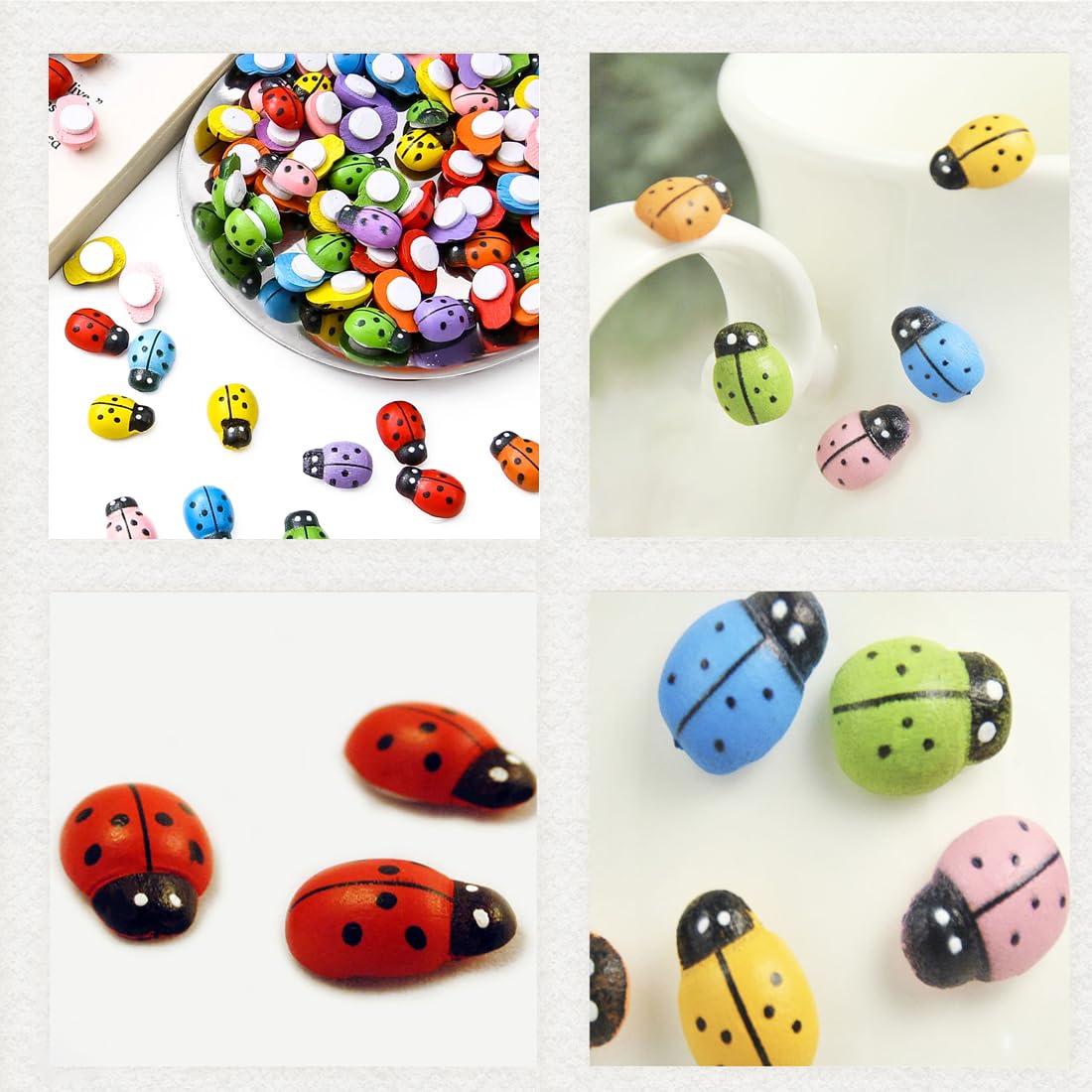 100 Adesivi Coccinelle In Legno Autoadesive - Miste Colorate - 9x13 Mm Per Decorazioni