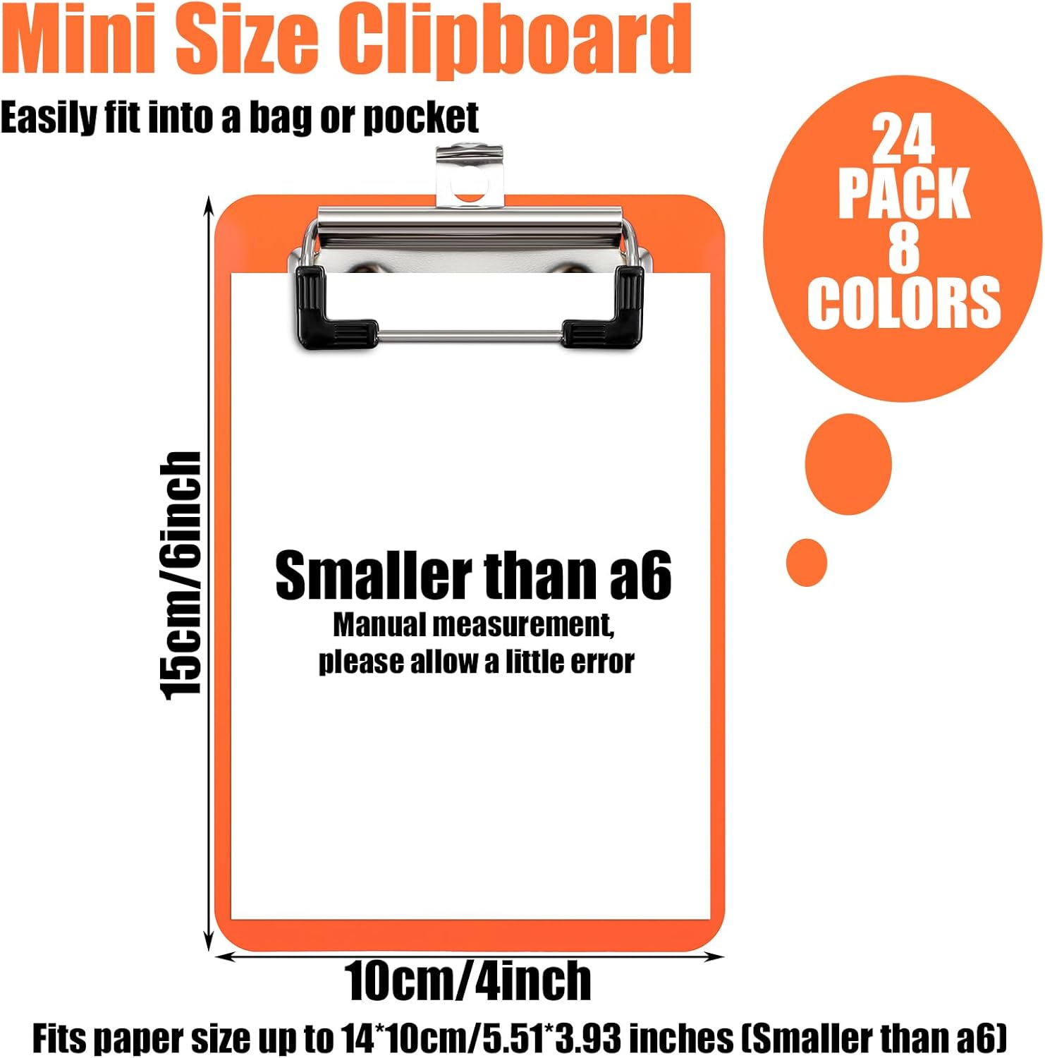 cobee Small Clipboards 4 x 6 Inch,24 Pack Plastic Colorful Mini Clipboard Memo Size with Low Profile Clip Pocket Clip Board for Offices Classroom Nursing Shopping Lists