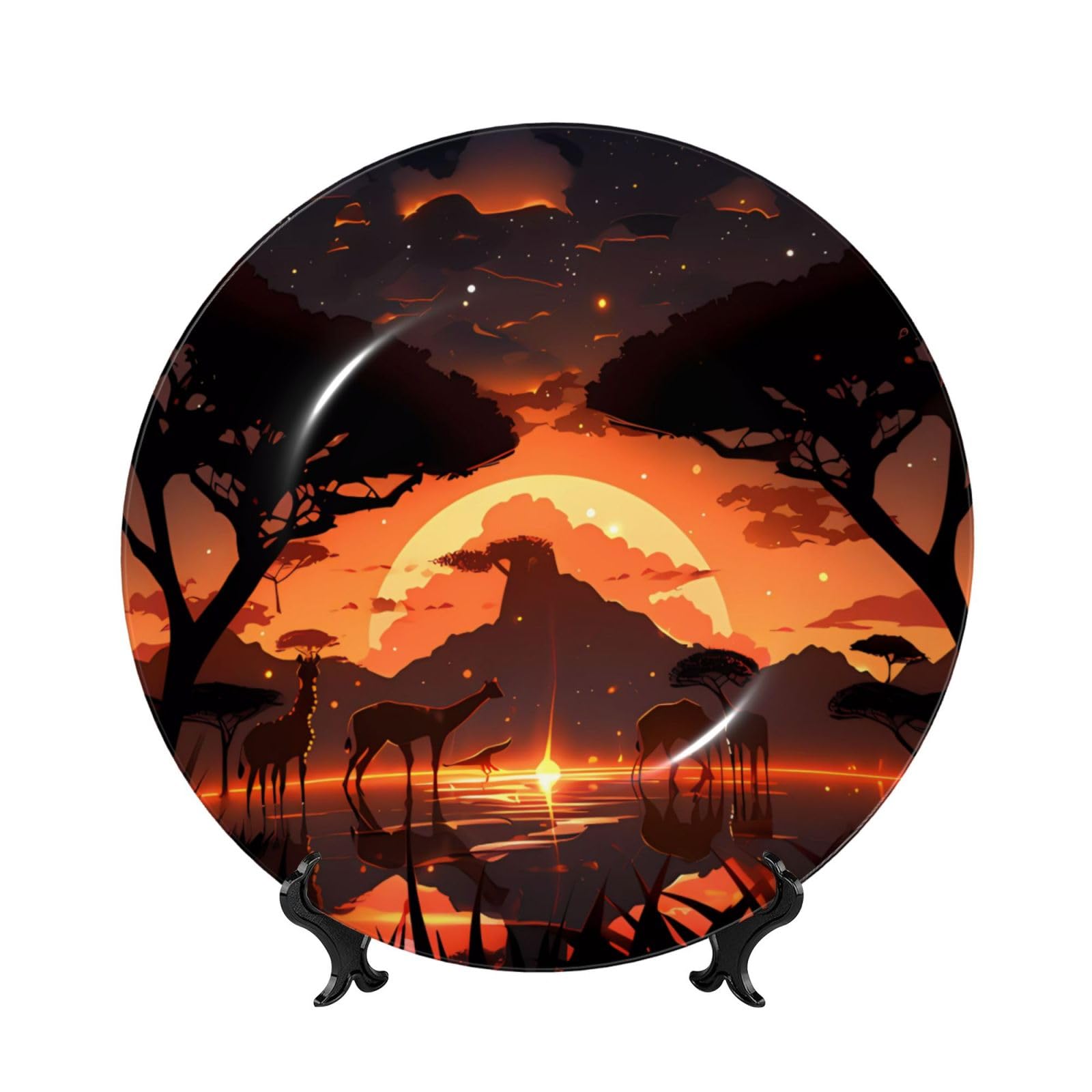 SXZVVBN Animals of the African Savannah Bone China Decorative Plate Art with Stand Removable Adhesive Hanging for Home Office 7in