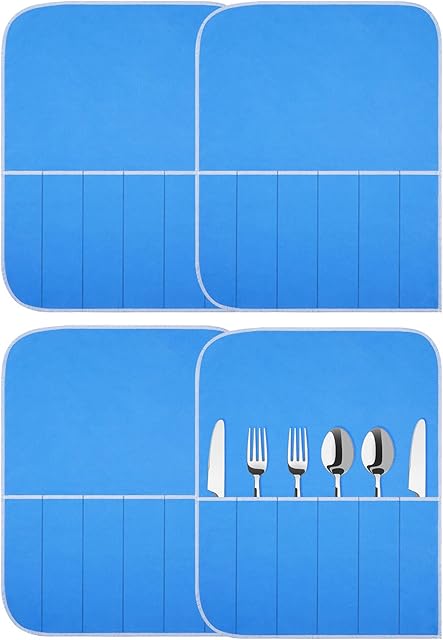 Silver Storage Bags Anti Tarnish Silver Protector Bags Blue Holder for Silverware Flatware Storage Organizer Silver Storage Cloth Place Setting Roll with White Ribbon for Teaspoon Utensils (4 Pieces)