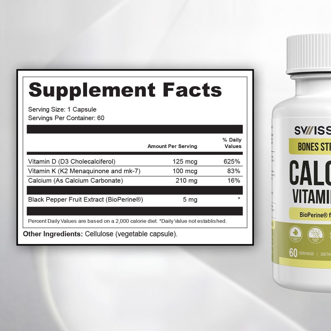 Swiss Activa+ Labs Calcium with Vitamin D3 & K2 – Vegan, Non-GMO Bone & Teeth Support Supplement – Immune & Muscle Function – Heart Health D3 K2 Vitamins for Men & Women, Gluten–60 Days Supply