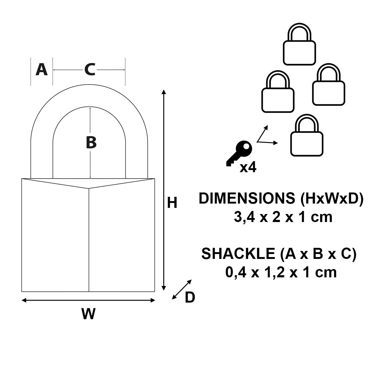 Master Lock 629EURQ Pack de 4 Petits Cadenas Marins avec Clés, Gris, 3,4 x 2 x 1 cm