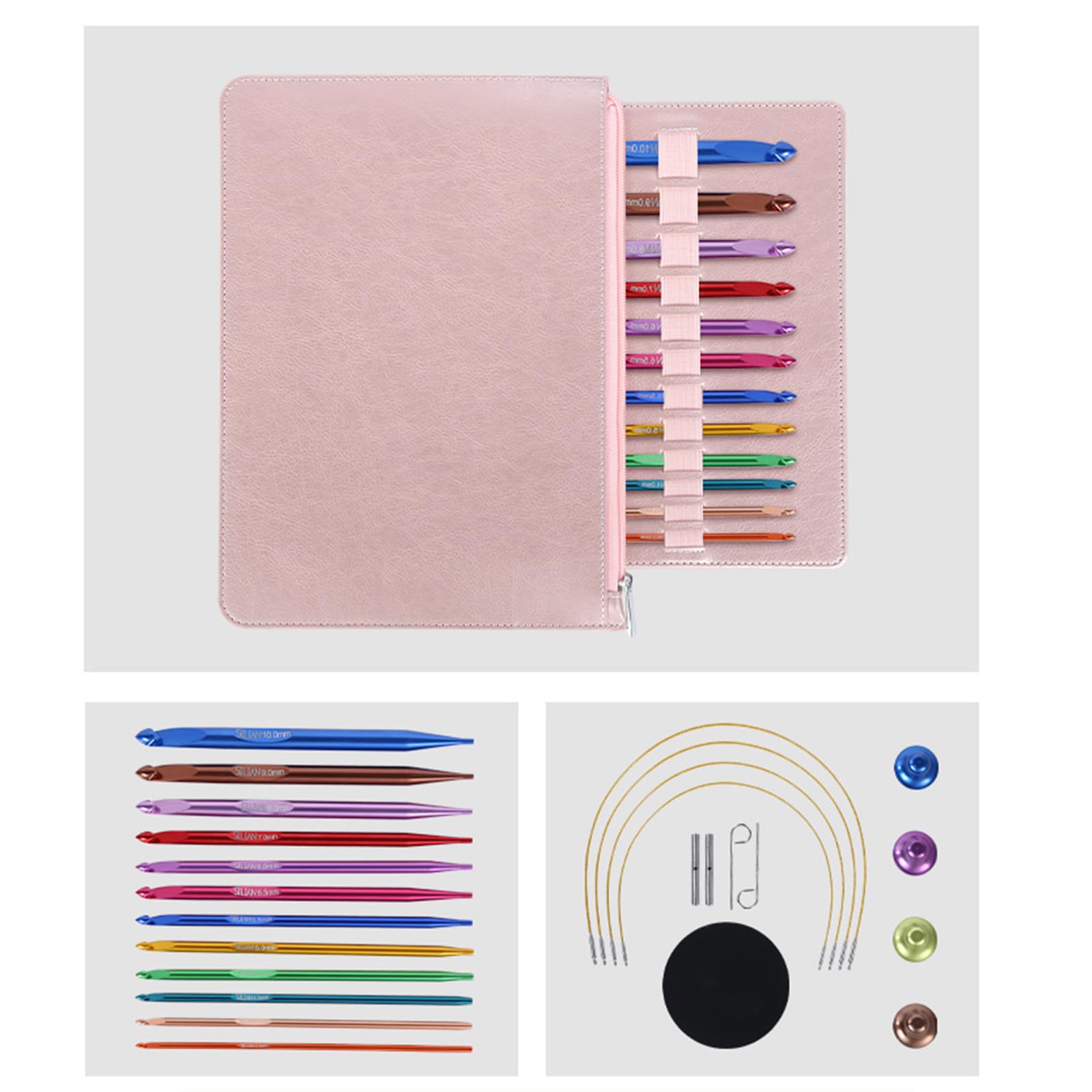 HUAJINGKEJI Juego de 12 agujas de ganchillo tunecinas con cable de 3 mm a 10 mm con funda de cuero para tejer ganchillo tunecino