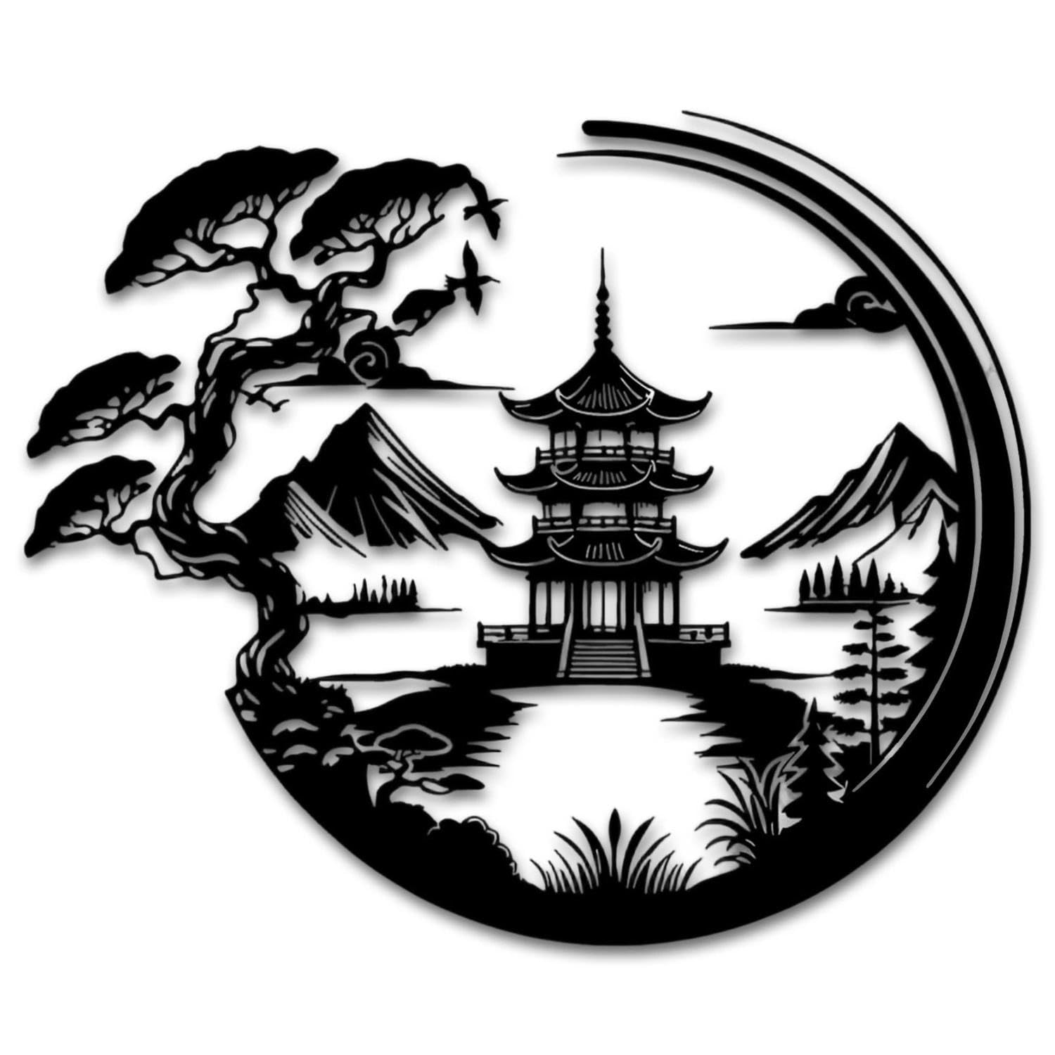 Vexilon Metal Mountain Wall Art, Iron Material Wall Art Metal with Abstract Trees, Pavilions, Mountains Patterns for Decoration, Walls Decor for Living Room, Bedroom, Balcony, Entrance.