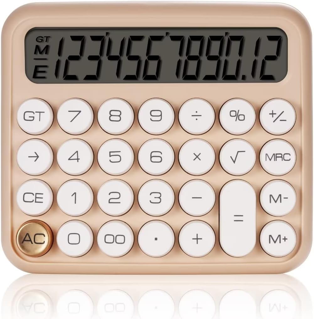 GUDTEKE Mechanical Switch Calculator, Desktop Calculator 12 Digit Large LCD Display Big Button Calculator Apricot Clear Standard for Daily and Basic Office,Automatic Sleep,with Battery