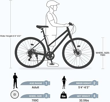 700C Road Hybrid Bike City Commuter Bicycle with 7 Speed/Front and Rear Disc Brakes/Steel Frame for Men Women Adult Available in A Variety of Colors