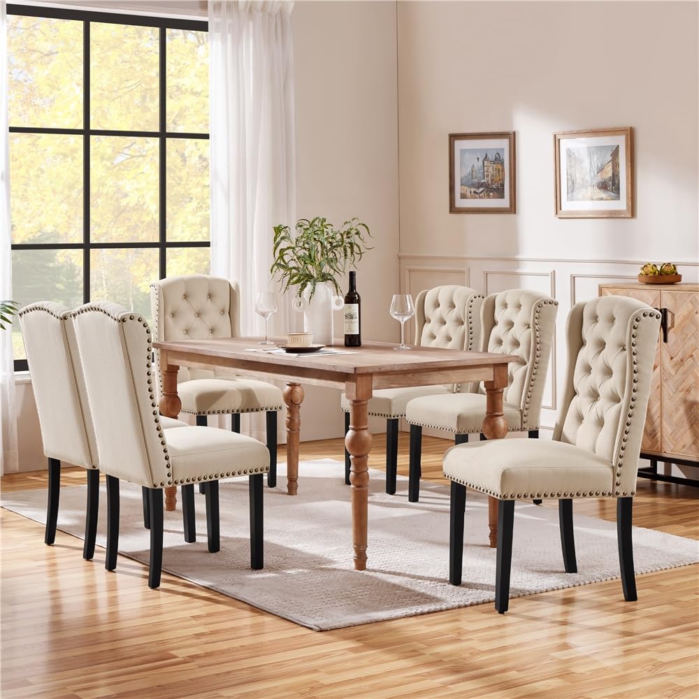 Yaheetech Lot de 6 Chaises de Salle à Manger en Tissu Effet Lin Design Classique Boutonné Ensemble de Chaises de Cuisine Rembourrées avec Pieds en Bois Massif Garniture Clou Dorés Beige