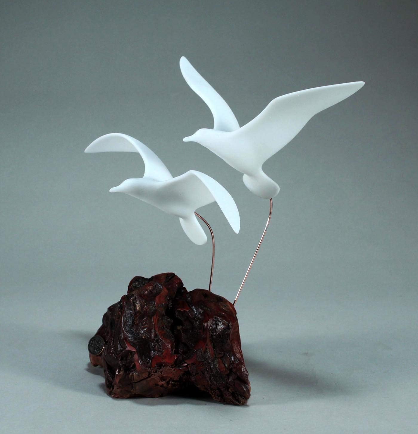 Seagull Pair Sculpture by John Perry Medium Version Burl Base 11in Tall. Signed.