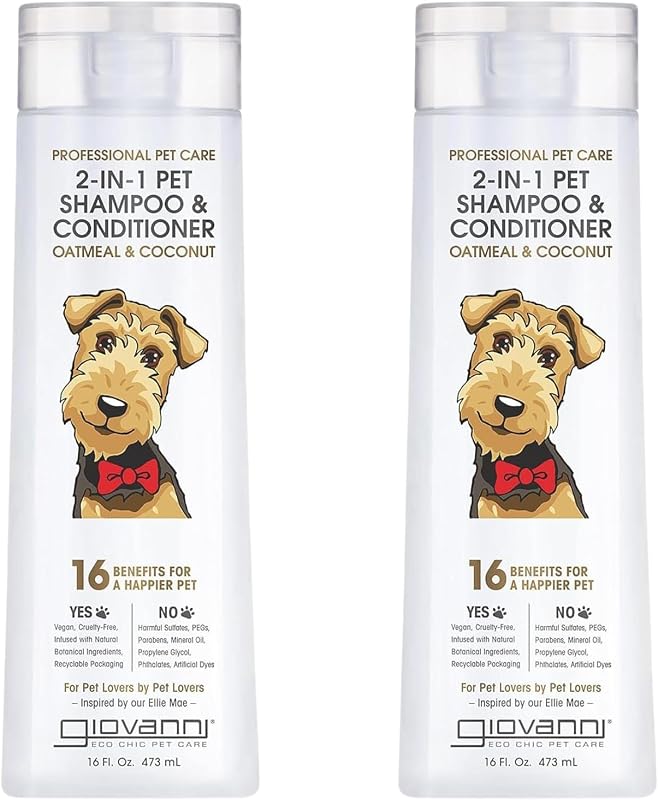 GIOVANNI Champú y acondicionador profesional 2 en 1 para mascotas, 16 oz (paquete de 2) | para perros y gatos, avena y coco, ayuda a neutralizar los olores, limpia profundamente, sedosa, controla la estática