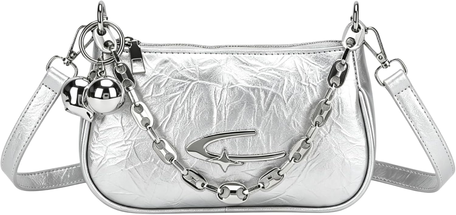 Y2K Goth Purse, PU Leather Crescent Moon Women's Shoulder Handbag with Metal Charms and Chain for Daily Use