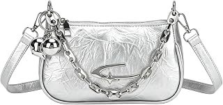 Y2K Goth Purse, PU Leather Crescent Moon Women's Shoulder Handbag with Metal Charms and Chain for Daily Use