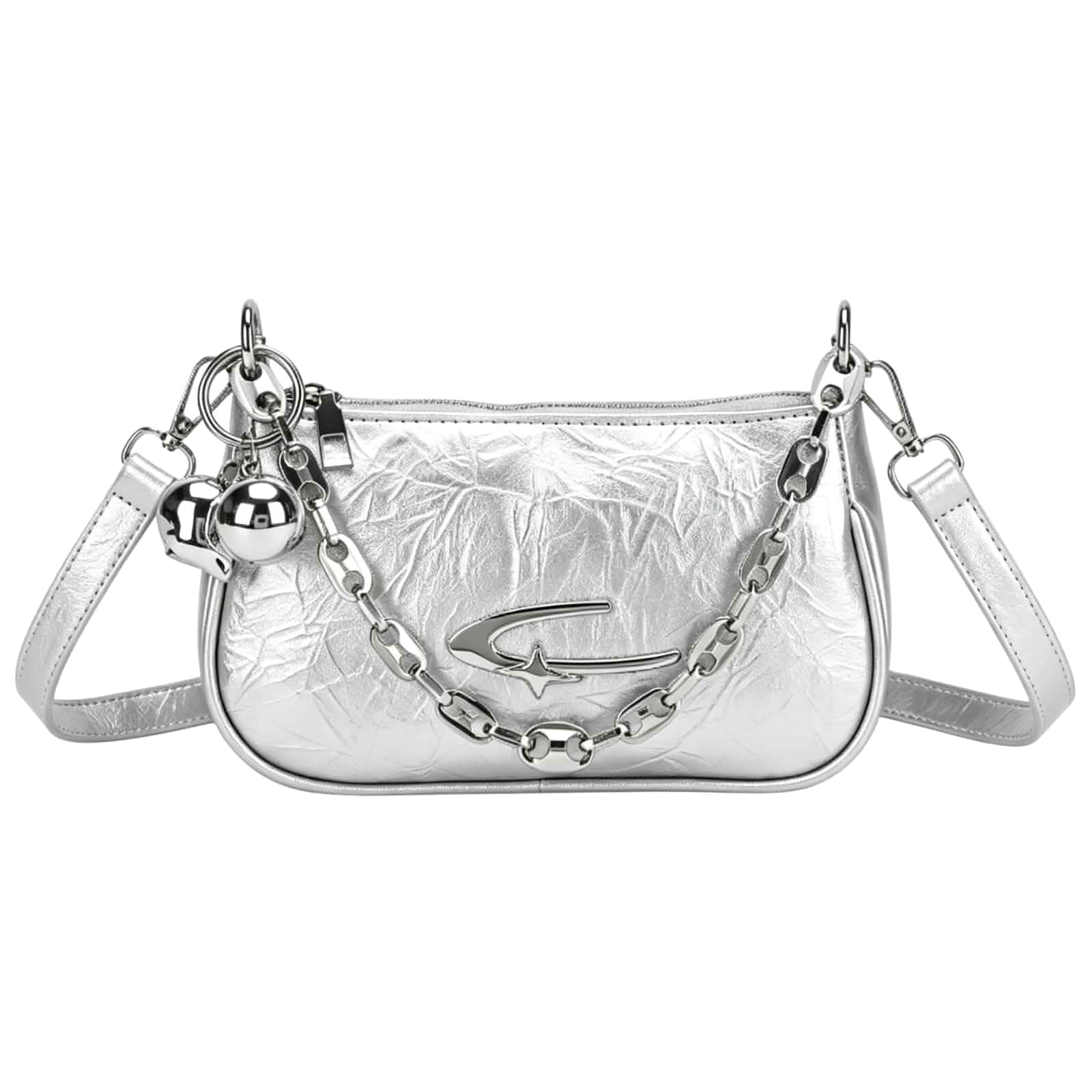 JOYCELAU Y2K Goth Purse, PU Leather Crescent Moon Women's Shoulder Handbag with Metal Charms and Chain for Daily Use