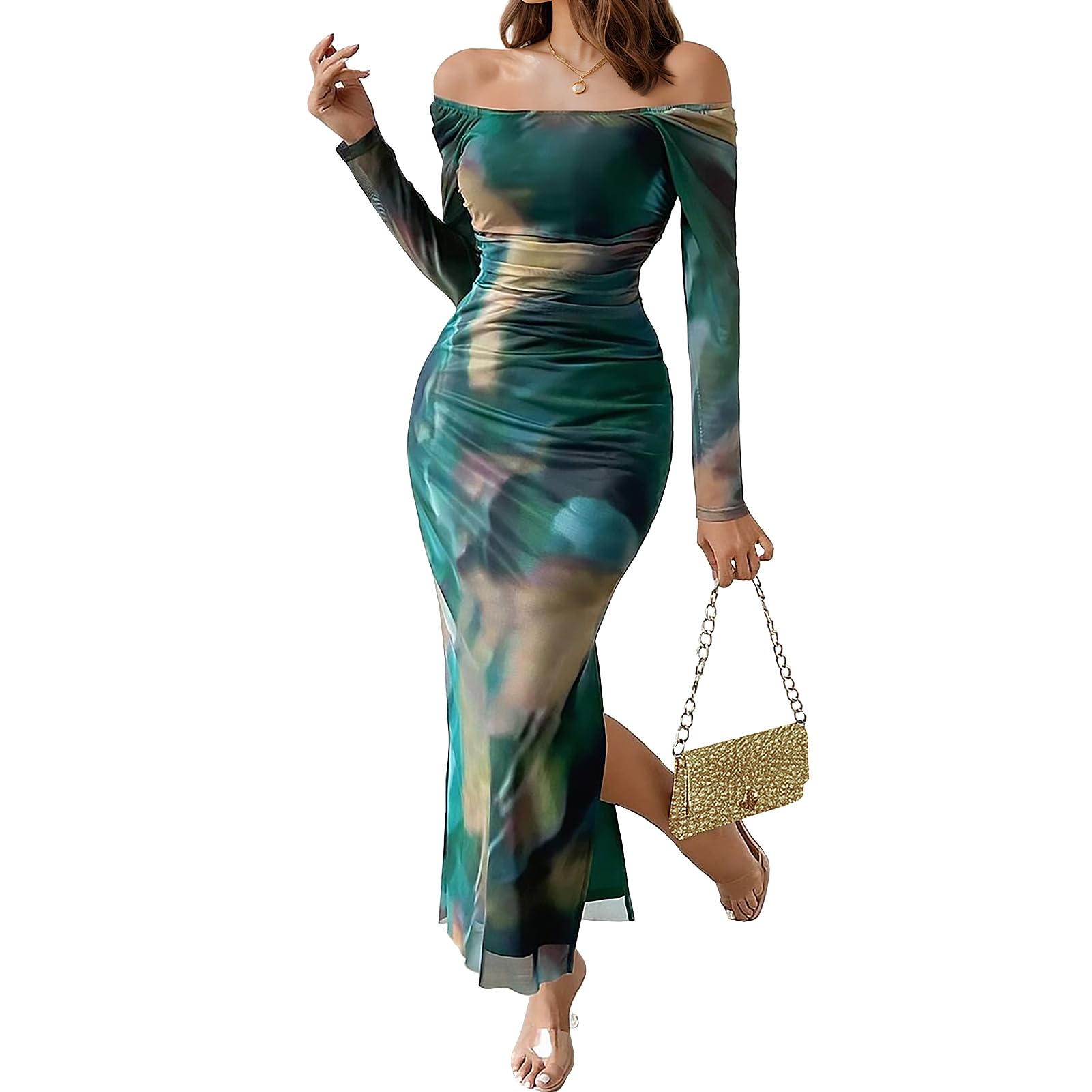 Women's Long Sleeve Maxi Dress Tie Dye Mesh Layered Bodycon Ruched Off Shoulder Long Dresses Side Slit Elegant Clothes