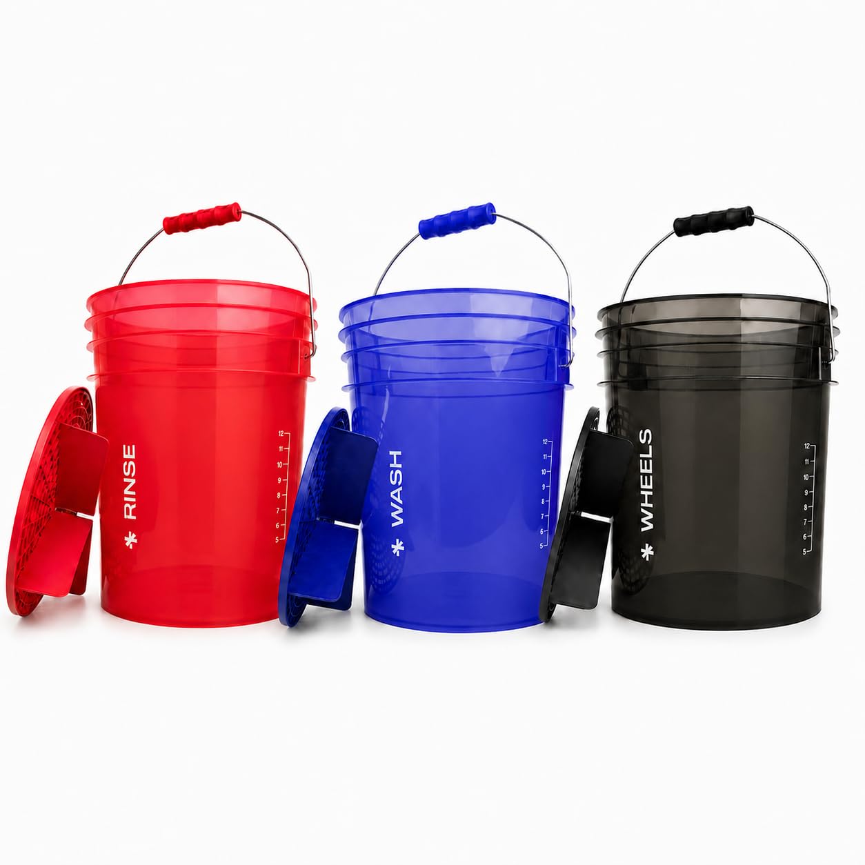 BenBow 3-Eimer-Set transparent, 3 x 20 L, WASH/Rinse/Wheels mit Schmutzsieben, Autowäsche und Felgen