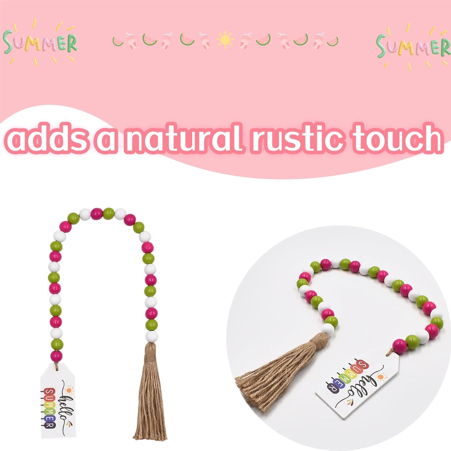 Summer Wood Hanging Beaded Tassel String, Multi-Color | Elegant Wooden Beads, Pendant Design, For Tiered Tray Decor, 1 Piece