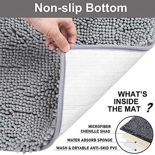 3 Pieces Bathroom Rugs, Anti-Slip Chenille Bath Rug, Super Absorbent Luxury Shaggy Bath Mats Set, Perfect Plush Carpet For Tub, Shower, Bath Room,Machine Washable (Light Grey) #TOP5