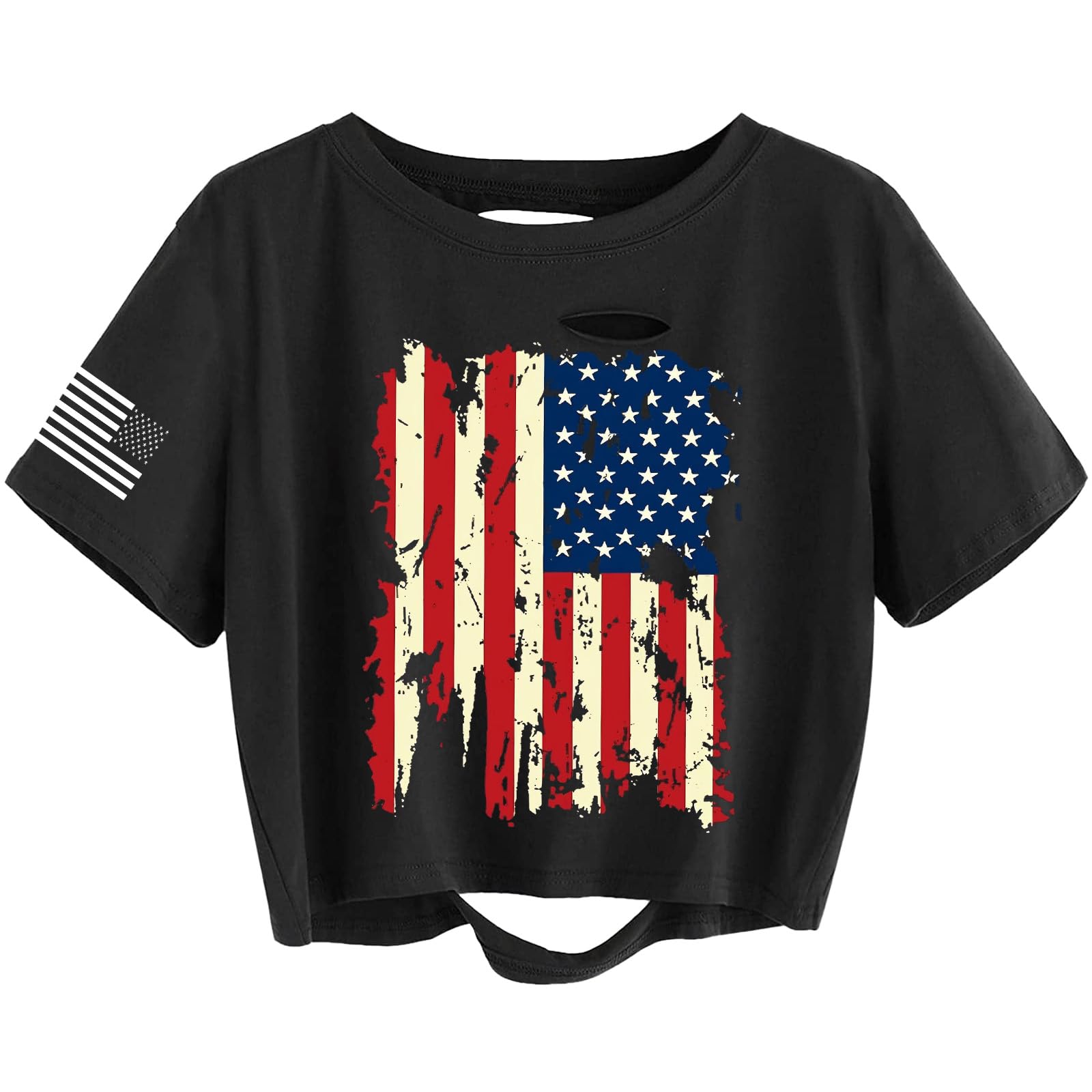 Women's USA Flag Off Shoulder Top - Patriotic Tee For 4th Of July, Distressed Star & Stripes Design - View #6