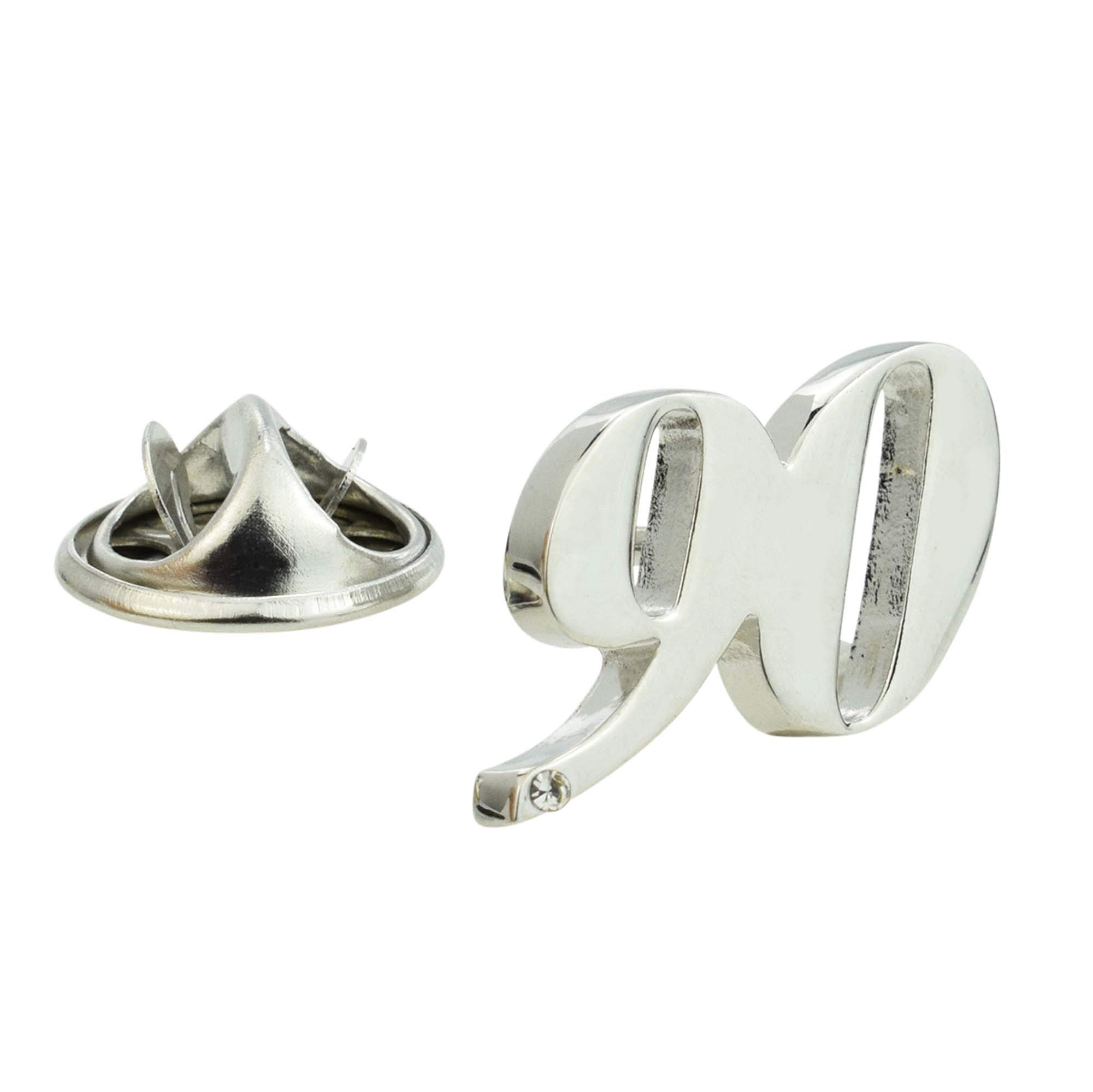 Gtr Prestige Giftware Silver Rhodium Plated 90 Birthday Anniversary Lapel Pin Badge With Crystal Decoration