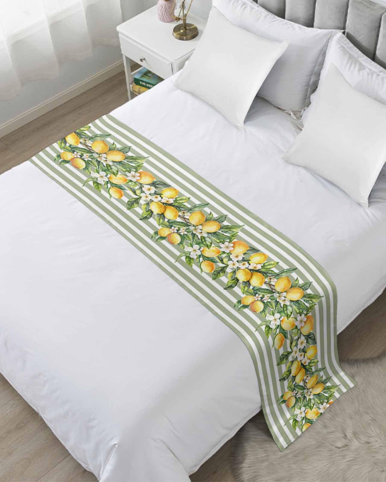 DecorLovee Sage Green Stripes Bed Runners for Twin Size Bed, Decorative Bed Throws for Foot of Bed, Summer Spring Botanical Lemon Leaves Bed Runner Sofa Throw Bedding Scarf Protector for Bedroom