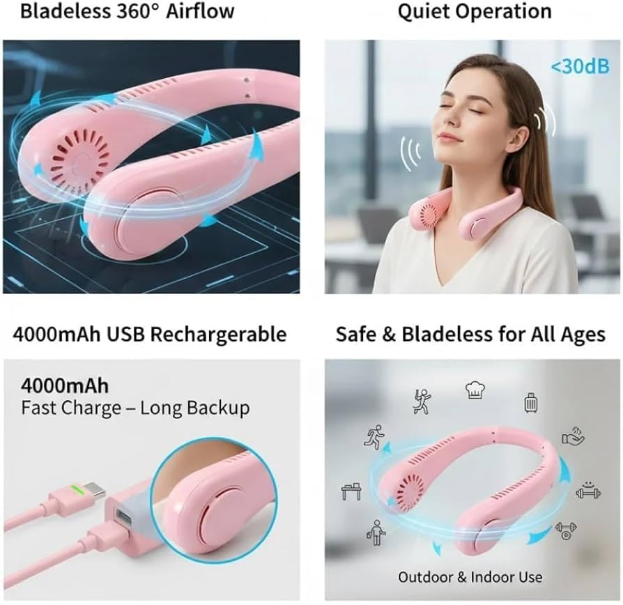 Image of Portable Neck Fan, Hands Free Bladeless Neck Fan, Rechargeable Personal Cooling Fan for Travel, Office & Holiday Use