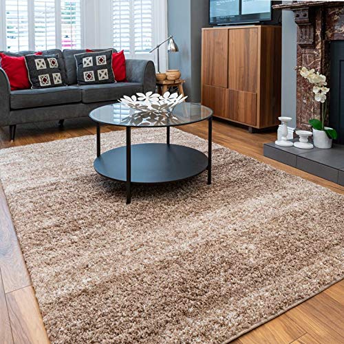 Thick Soft Fluffy Beige Stripe Shaggy Shag Area Rug Warm Luxury Plush Living Room Bedroom Lounge Hallway Rugs 120cm x 170cm