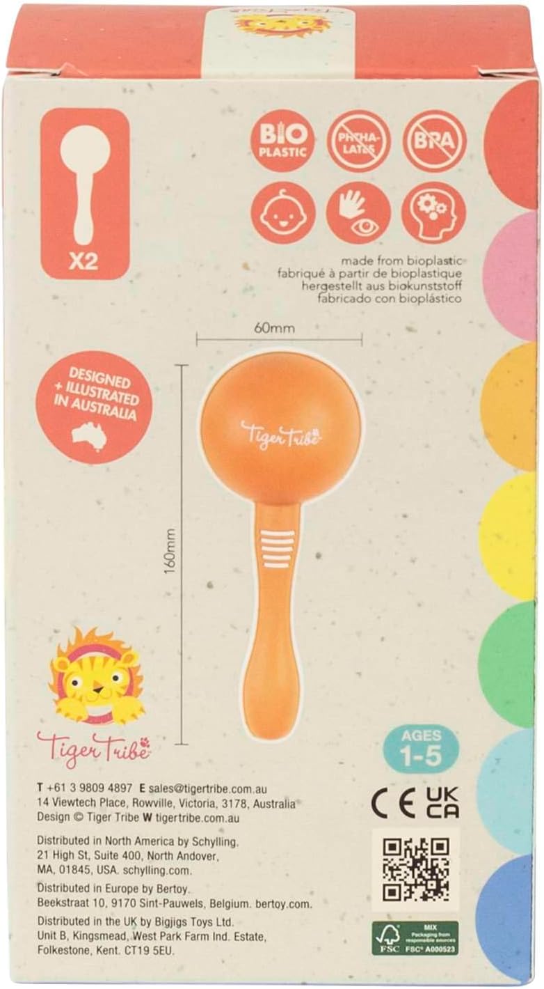 Tiger Tribe Maracas Set: 2-Piece Eco-Friendly Bioplastic Musical Instruments for Toddlers, Durable & Safe for Creative Play