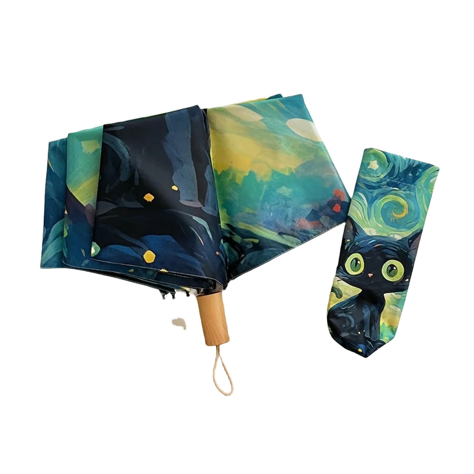 Qdltgbd Unisex A Umbrell Cute Black Cat 8Ribs Van Gogh Inspired Folding Utomatic Umbrellas For Women Travel Compact Sunshade