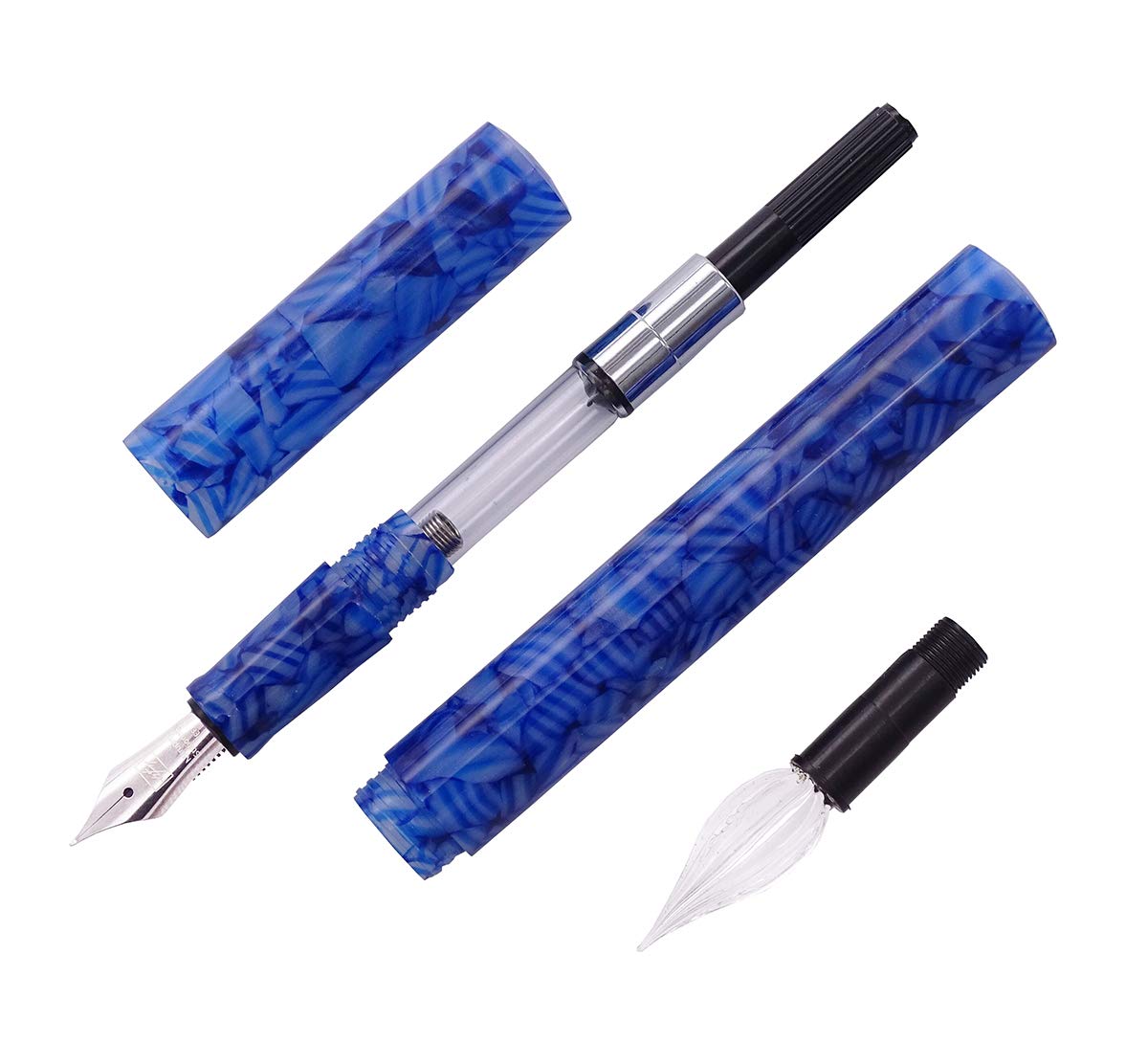 erofa Majohn Stylo-plume à pointe extra fine et stylo à plume en verre acrylique bleu avec convertisseur d'encre de poche à double usage Coffret cadeau pour signature, dessin d'art