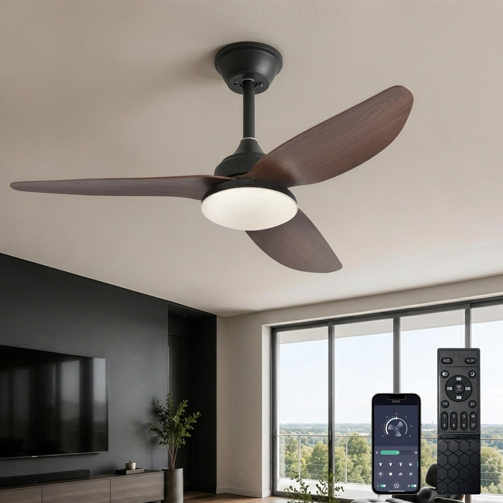AQLEDY Modern Ceiling Fans with LED Lights and Remote 100cm, 3 Blade Fan Lights Ceiling Dimmable Memory Function, 6 Speed Reversible DC Motor, Indoor Ceiling Light Fan for Living Bedroom - Black Wood
