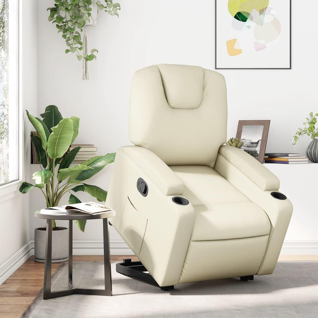 Fotel relaksacyjny z funkcją wspomagania wstawania, kremowy, ze sztucznej skóry, regulowany, z funkcją leżenia, ergonomiczny, wygodny do czytania, biura, z podłokietnikami i stabilną