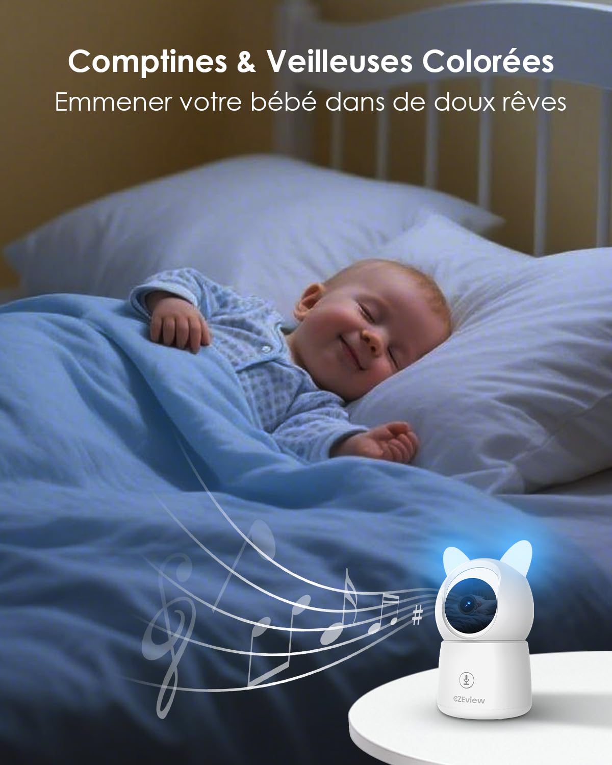 CZEview Babyphone Caméra 2.5K & Ultra Grand Moniteur HD 5,5", Qualité d'image au Top, 360°, APP, Veilleuse & Musique, Vision Nocturne, Caméra Bébé (Blanc (1 pièce)) | écran super clair, vision nocturne, audio bidirectionnel, berceuses, capteur temp., 360°
