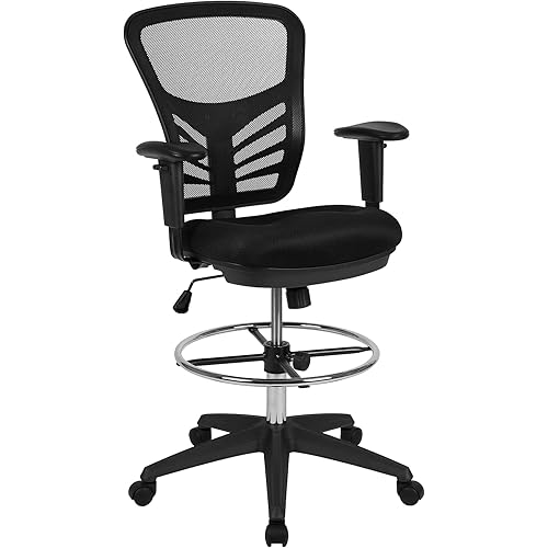 Flash Furniture Tyler Mid-Back Black Mesh Ergonomic Drafting Chair with Adjustable Chrome Foot Ring, Adjustable Arms and Black Frame